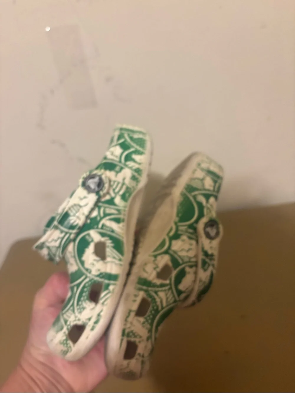 CROCS Kids Green and White Patterned Clogs